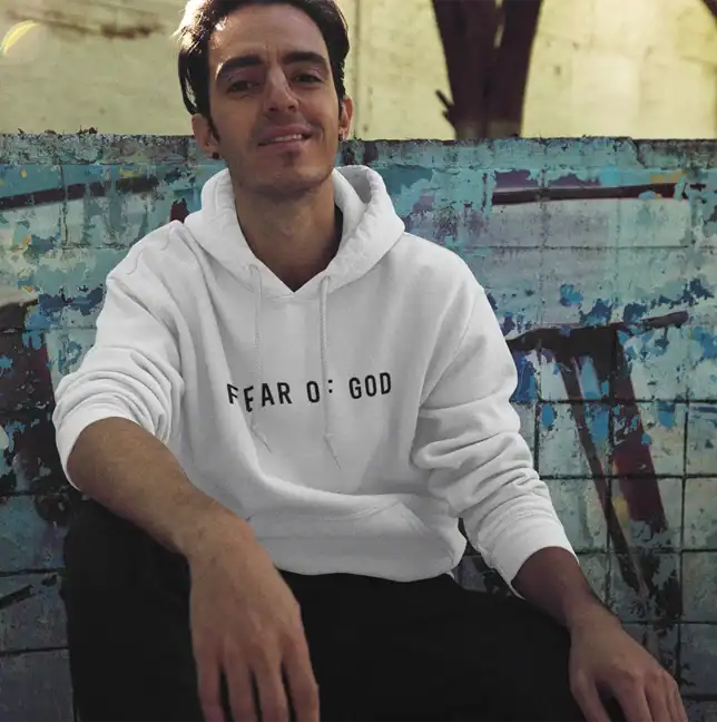 Cheapest latest apparel hoodie with "FEAR OF GOD" print in white, casual streetwear style, perfect for trending fashion.